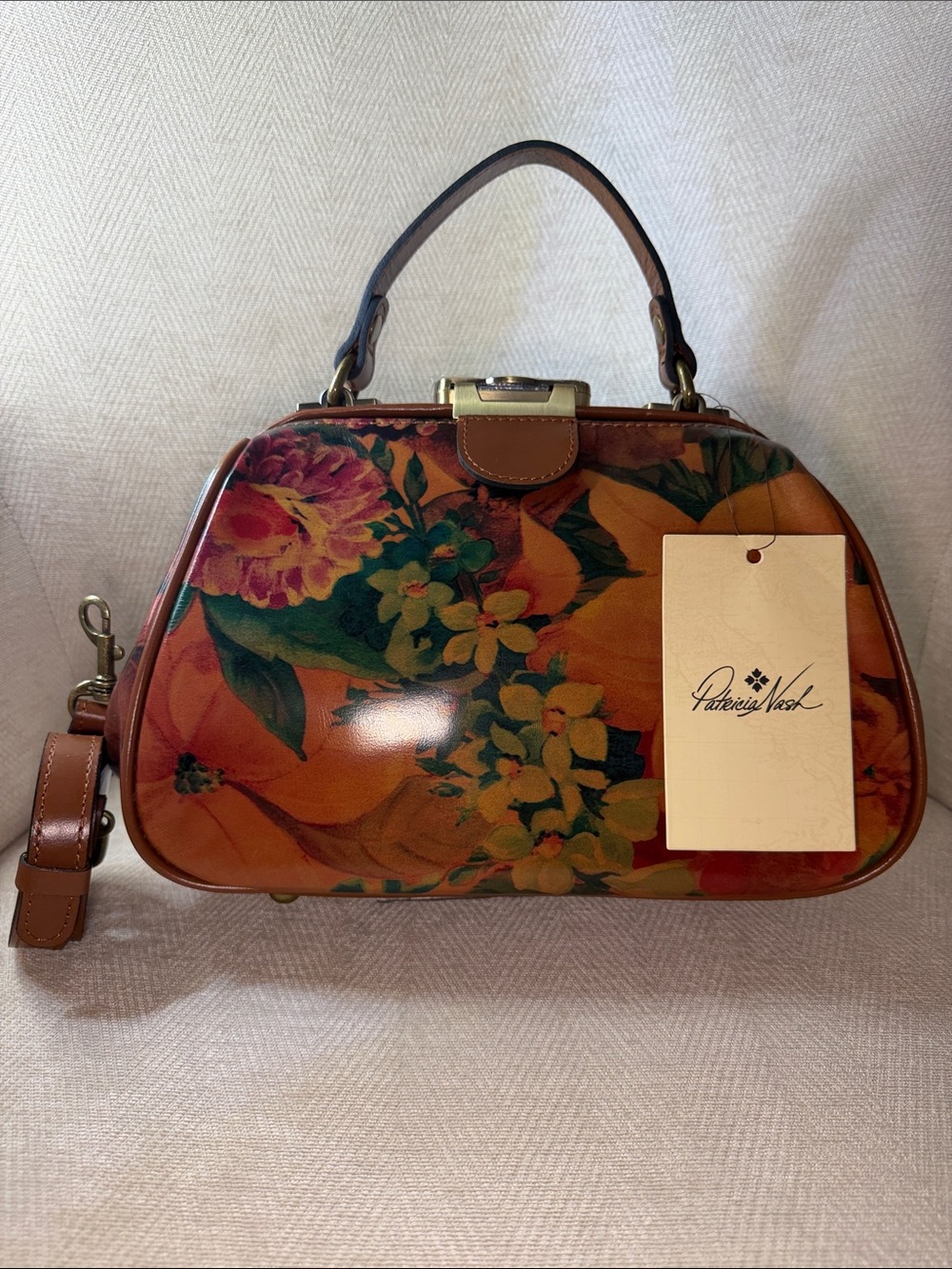 Patricia Nash Floral Printed Leather Satchel in Brown and Green